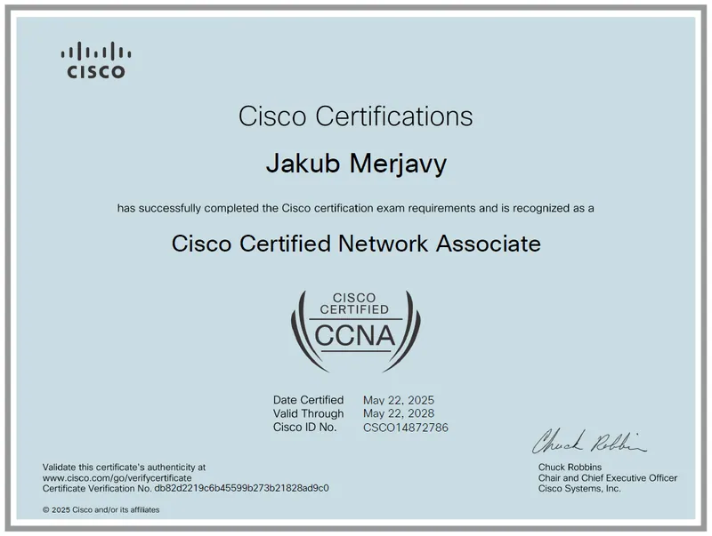 Certifikát Cisco Certified Network Associate vystavený na meno Jakub Merjavý