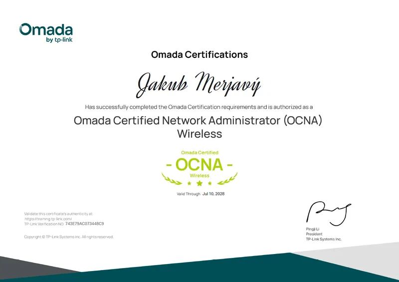 Certifikát Omada Certified Network Administrator Wireless vystavený na meno Jakub Merjavý