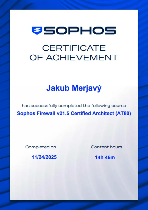 Certifikát Sophos Firewall v21.5 Certified Architect