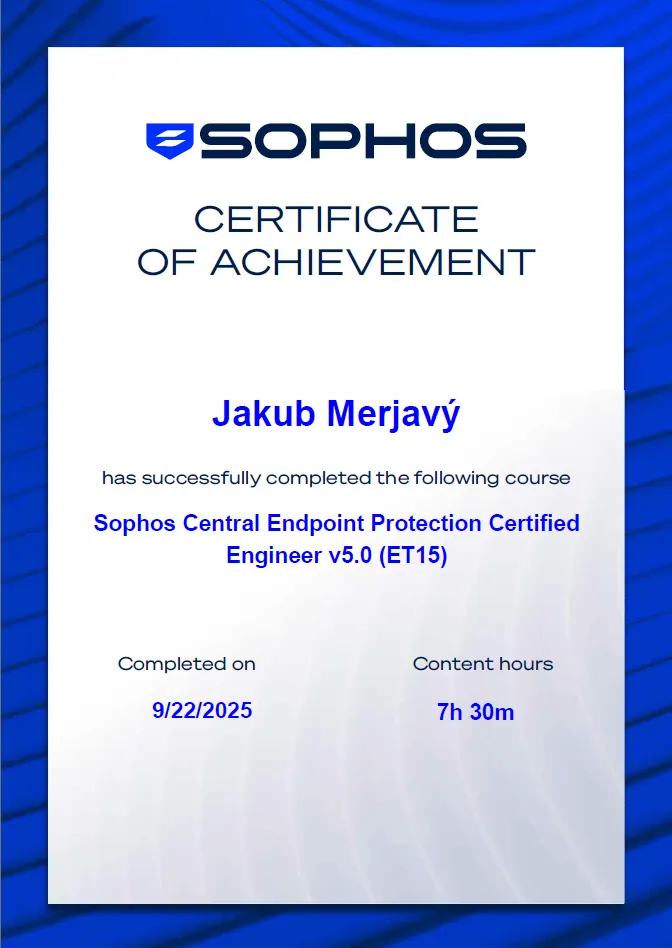 Certifikát Sophos Central Endpoint Protection Certified Engineer v5.0